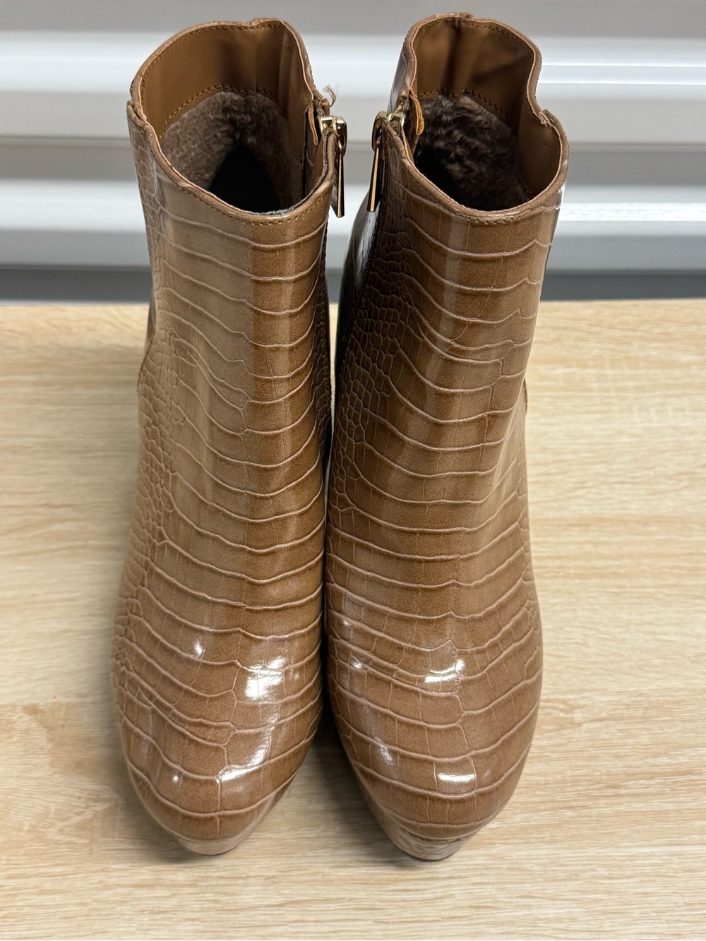 BAMBOO Tan Croc-Embossed Ankle Booties with Side Zip